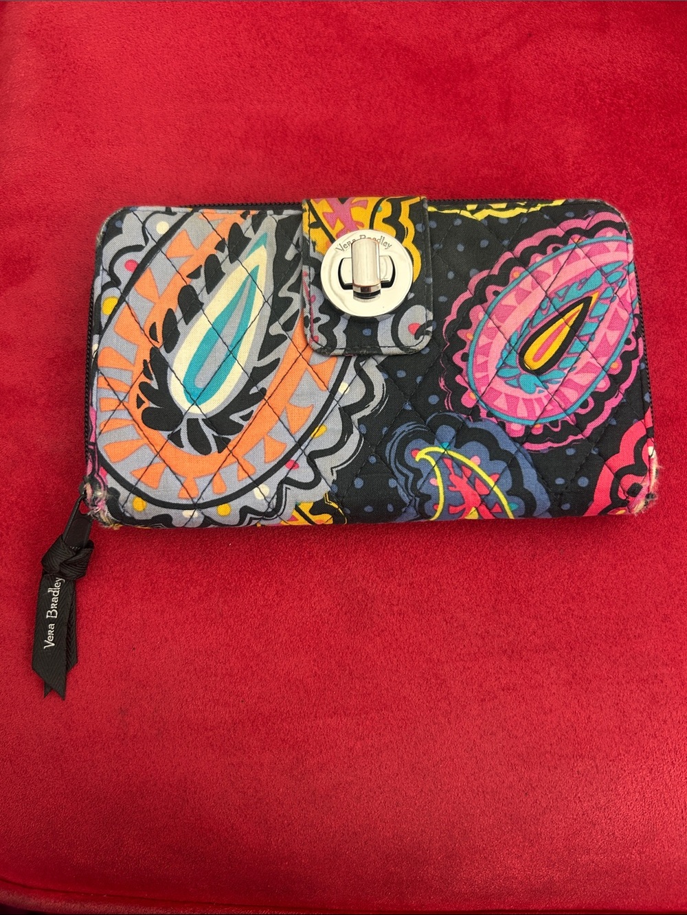 Vera Bradley Black Paisley Quilted Wallet with Pink, Orange & Teal Accents